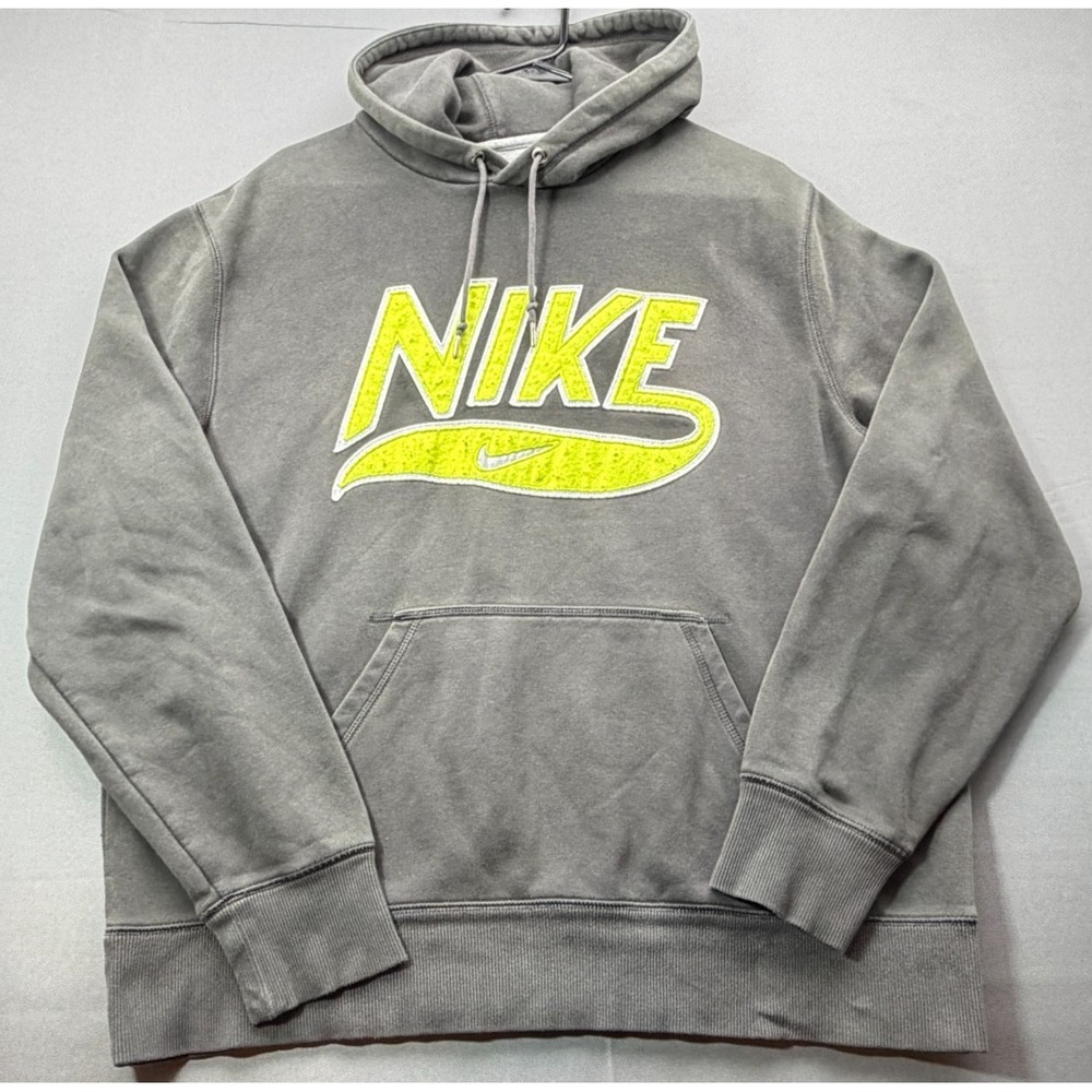 Nike Mens XL Pullover Hoodie Gray Charcoal Neon Volt Green Spellout Sweatshirt